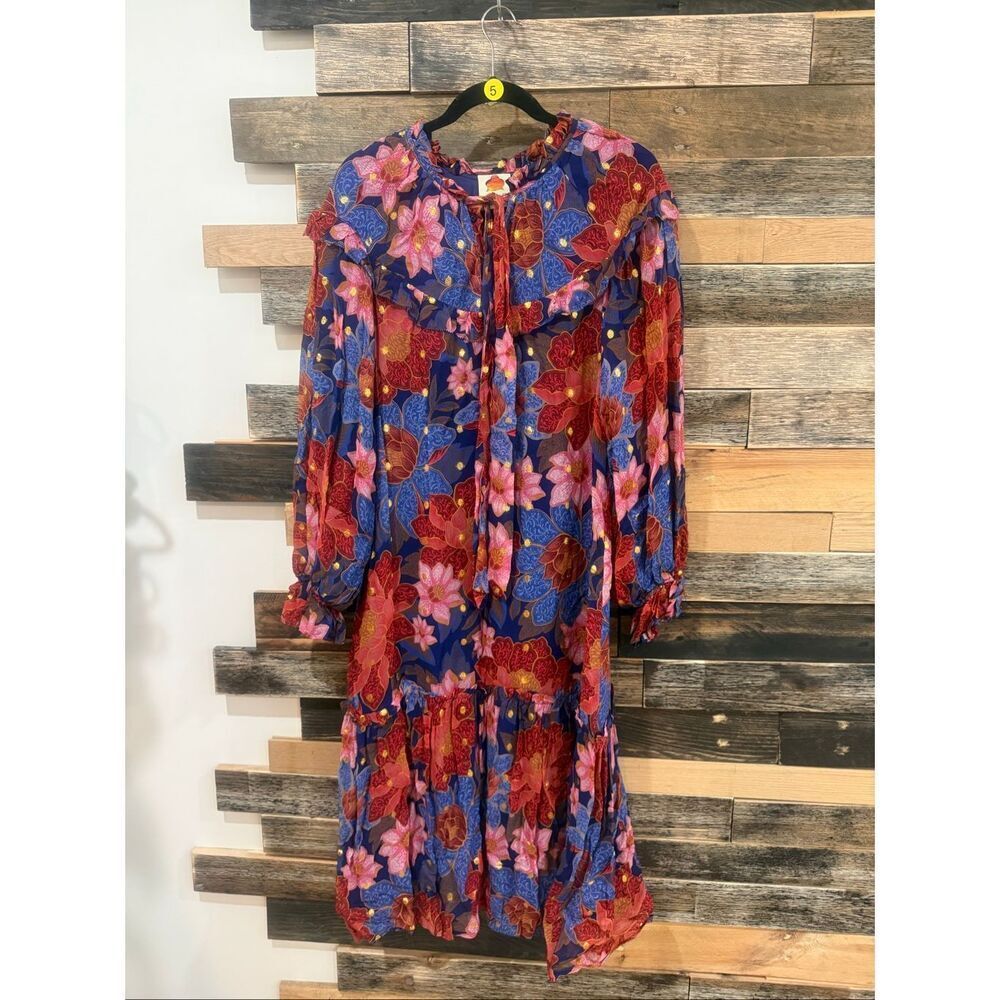 Farm Rio Garden Navy Blue Red Pink Floral Midi Dress no belt Size M - Picture 2 of 10